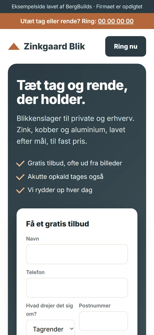 Eksempel: hjemmeside for en blikkenslager på mobilen