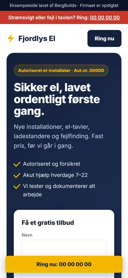 Eksempel: hjemmeside for en elektriker på mobilen