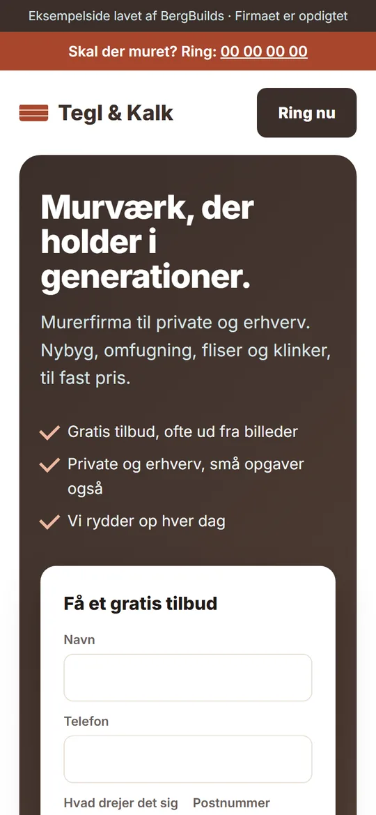 Eksempel: hjemmeside for en murer på mobilen