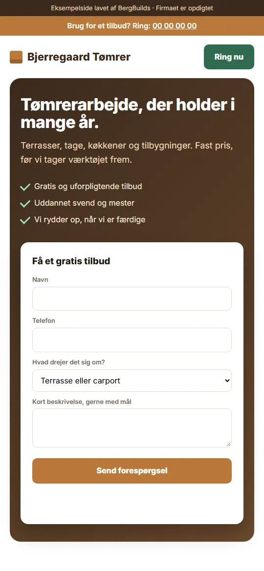 Eksempel: hjemmeside for en tømrer på mobilen