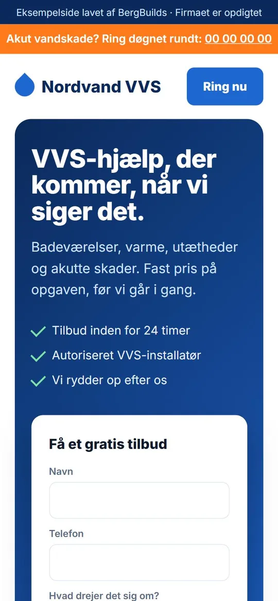 Eksempel: hjemmeside for en VVS-installatør på mobilen