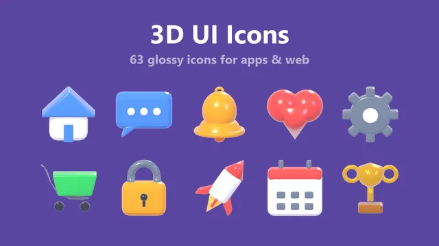 3D UI Icons: 63 ikoner i clay-stil